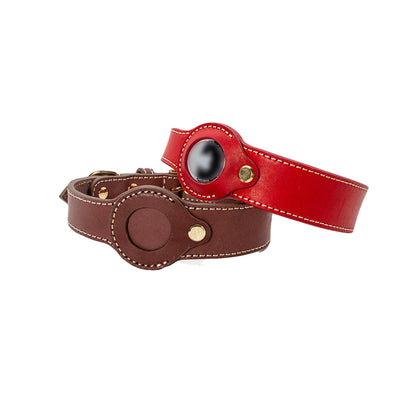 Genuine Leather Red Dog Collar with Airtag Case | Dog Collar & Dog Leash