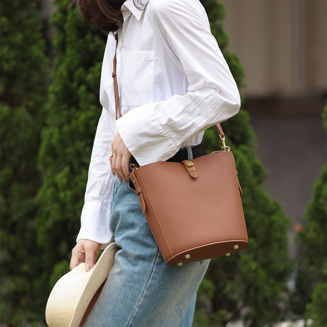 Large Brown Bucket Tote Bag with Crossbody Strap - POPSEWING™