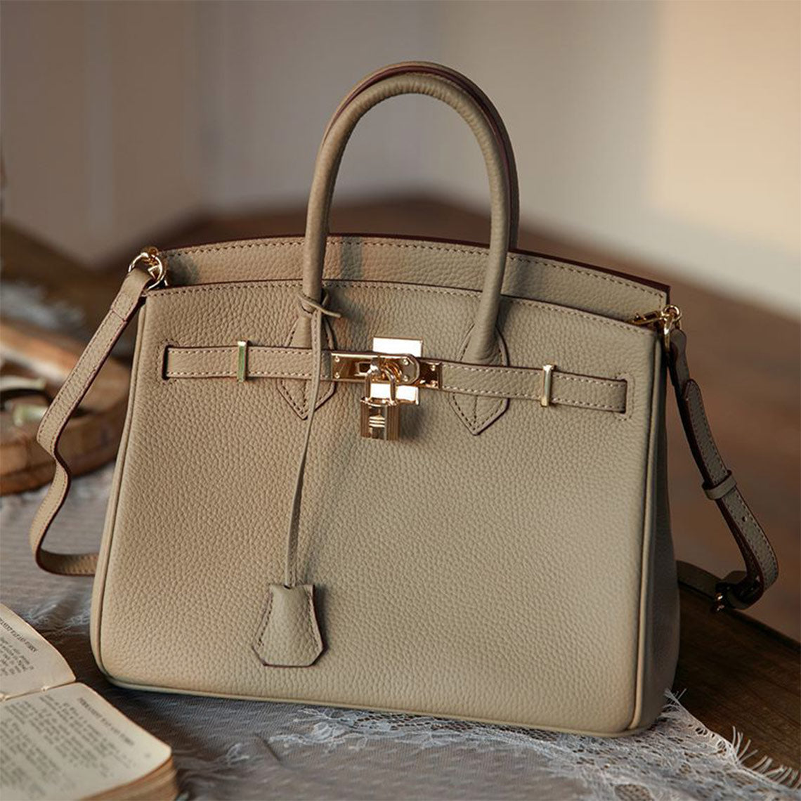 Taupe Genuine Leather Handbag | Designer Crossbody Bag - POPSEWING™