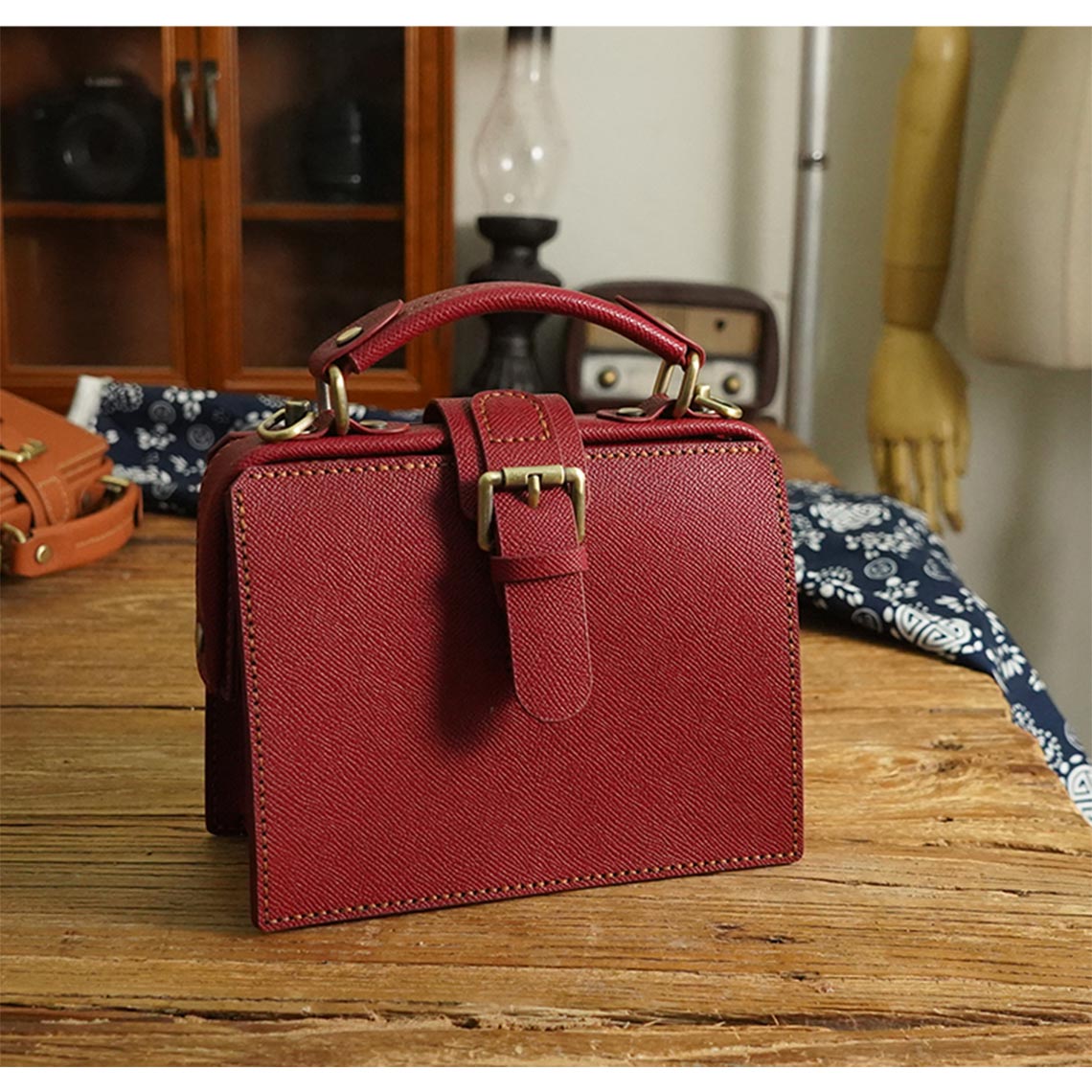 Vintage red leather handbag for women | Small minimalistic handbag wine color - POPSEWING™