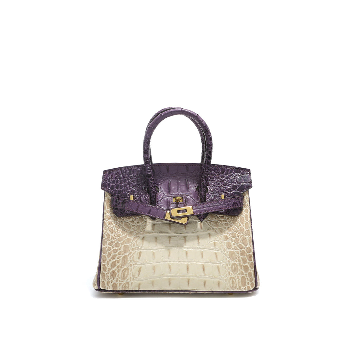 Beige & Purple Crocodile Embossed Leather Bag | Bi-color Handbag for Women - POPSEWING™