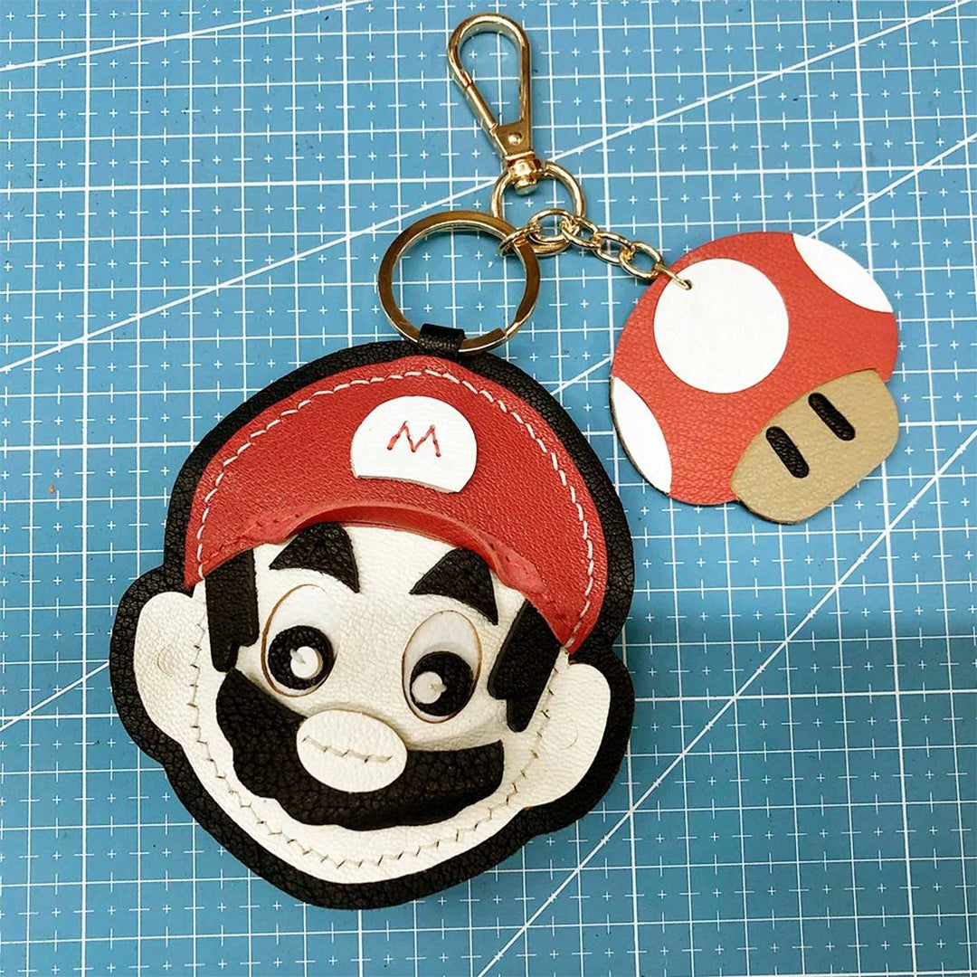 Super Mario Bro Leather Charm Keychain with Mushroom Leather Pendant | Handmade DIY Keychains - POPSEWING