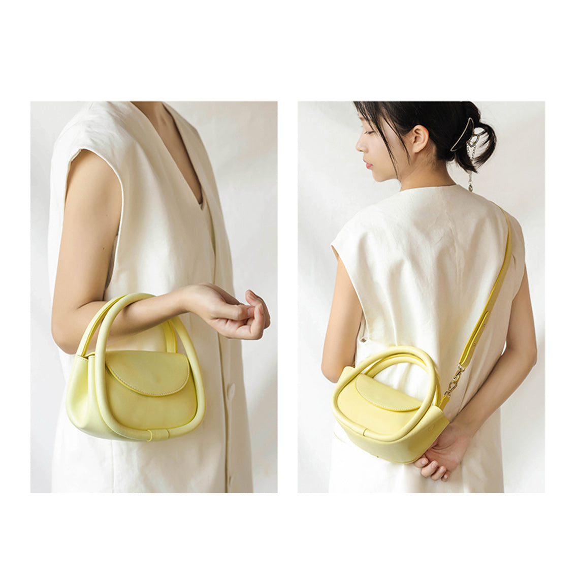 Light Yellow Leather Double Top Handles Handbag | Leather Crossbody Bag for Women - POPSEWING™