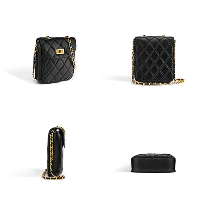 Black Leather Quilted Bag with Chain | Women Small Phone Bags - POPSEWING™