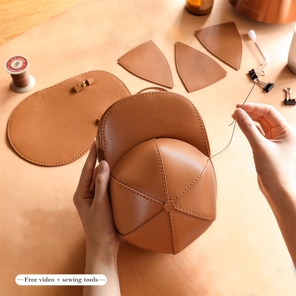 Brown leather bag kit in unique design | Handsewn unusual design bags