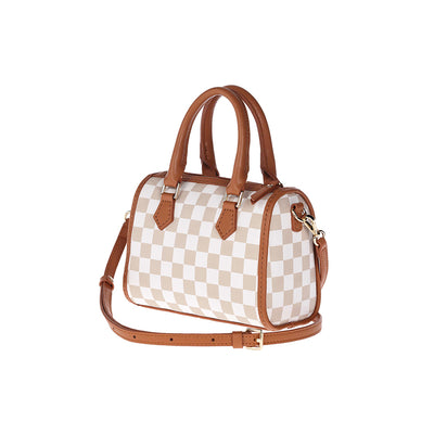 Vintage Checkered Pattern Handbag for Women | Top Handle Boston Bag in Brown | POPSEWING™