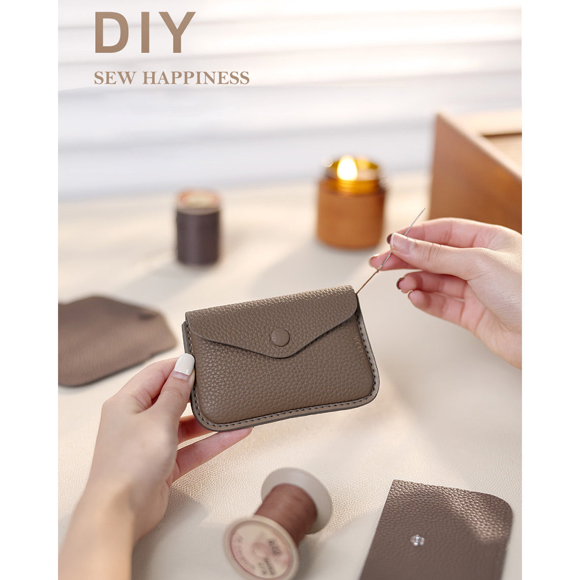 Handmade Leather Card Holder Purse DIY Kit | Taupe Genuine Leather Credit Card Holder - POPSEWING™