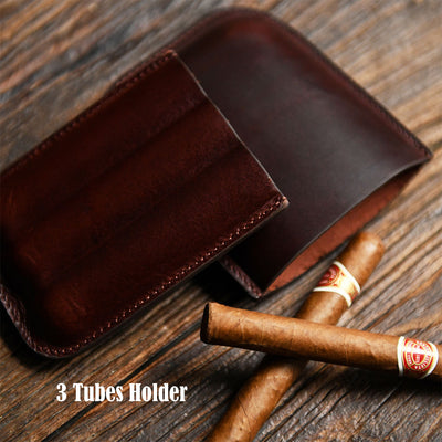 Handmade Brown Leather Cigar Travel Case for 3 Cigars 