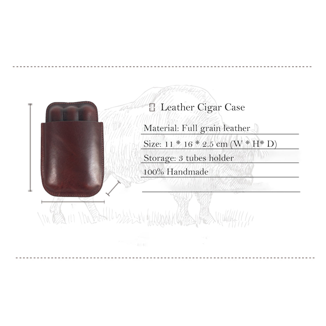 Handmade Brown Leather Cigar Case for 3 Cigars 