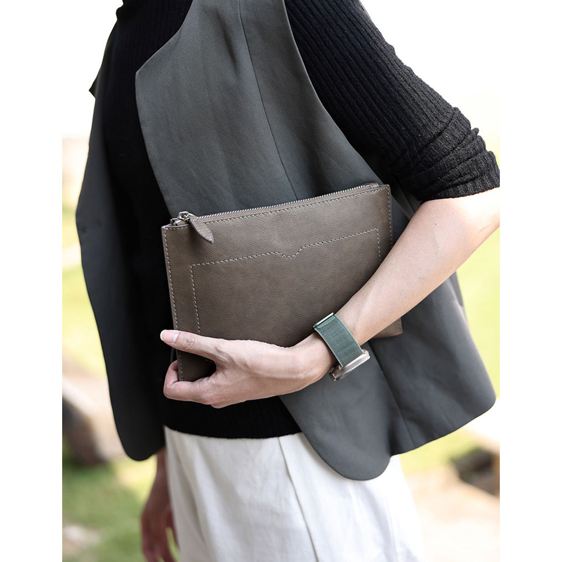 Men's Leather Handbag Clutch Bag in Grey - POPSEWING™