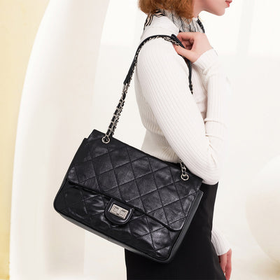 Quilted Leather Bag with Chain Strap | Flap Shoulder Bag for Women - POPSEWING™