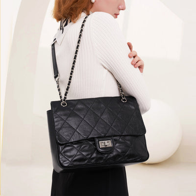 Quilted Leather Bag with Chain Strap | Flap Shoulder Bag for Women - POPSEWING™