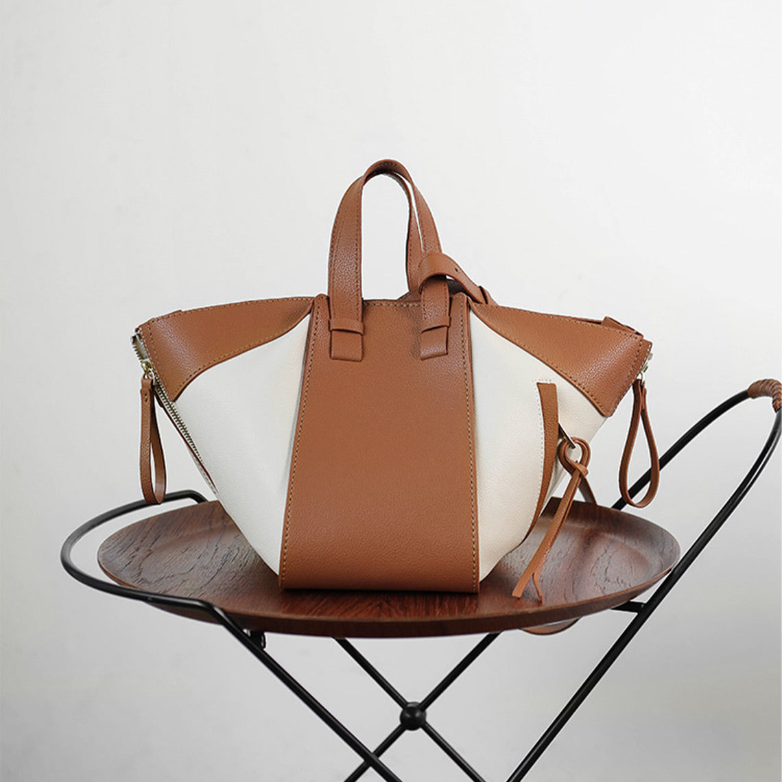 Front side of a Leather Designer Hammock Bag DIY Kit - White & Brown | POPSEWING™