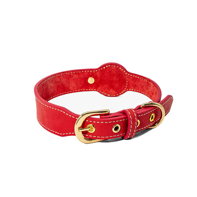 Genuine Leather Red Dog Collar with Airtag Case | Custom Made Dog Collar