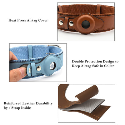Blue PU leather dog collar with airtag case