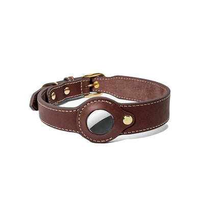 Genuine Leather Dog Collar with Airtag Case - Brown