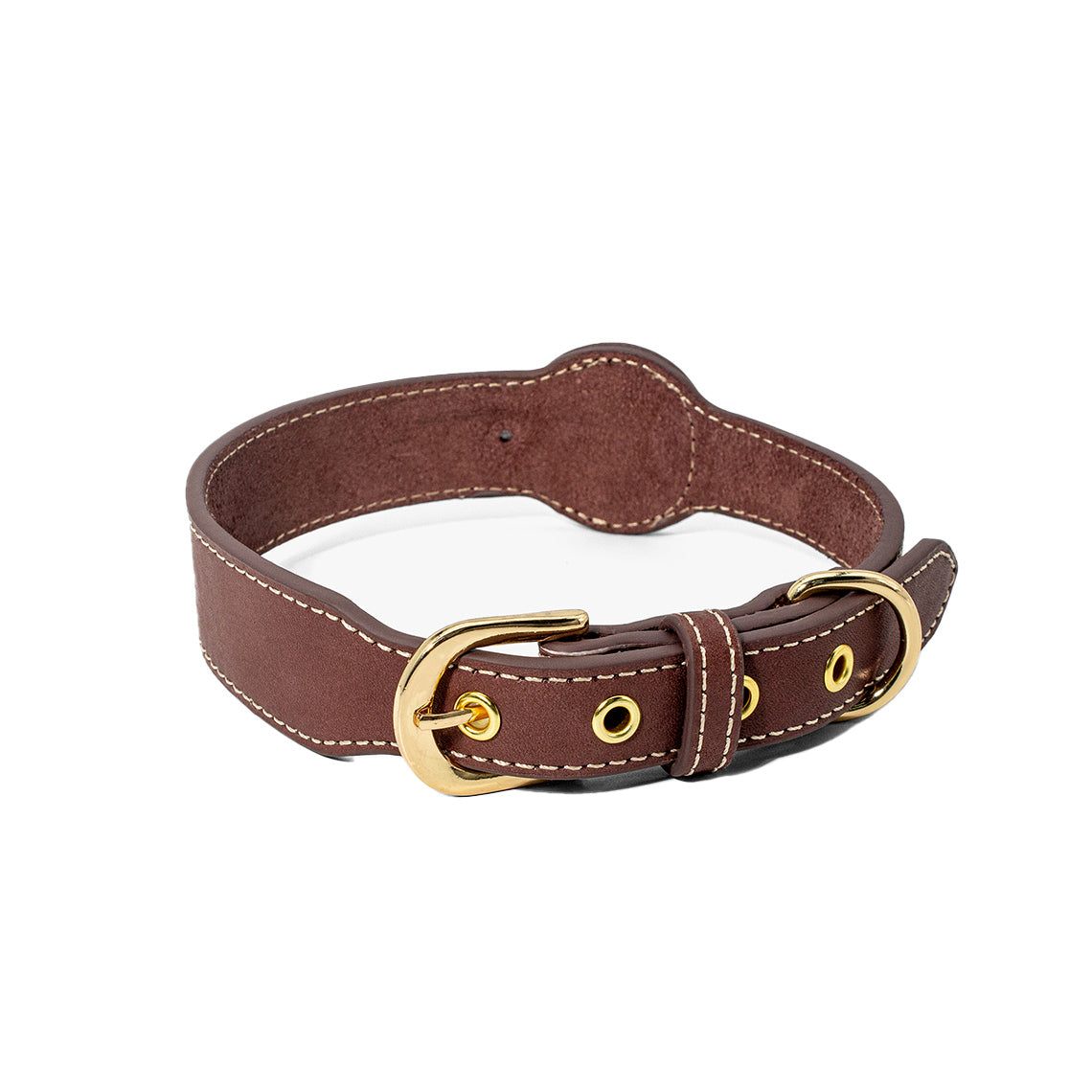 Genuine Leather Dog Collar with Airtag Case - Brown