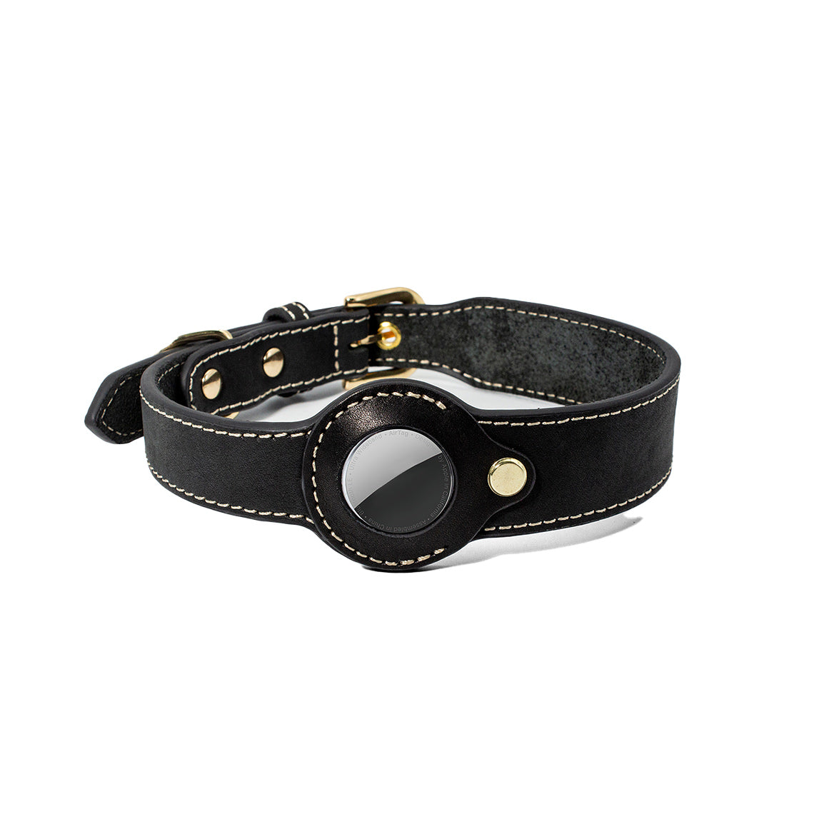 Genuine Leather Dog Collar with Airtag Case - Black