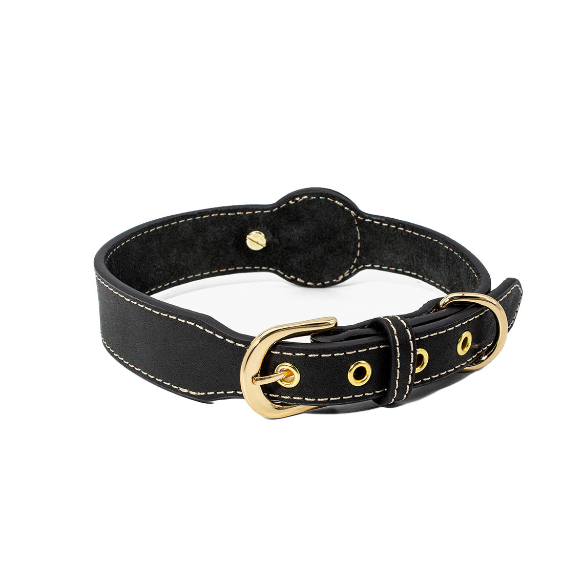 Genuine Leather Dog Collar with Airtag Case - Black