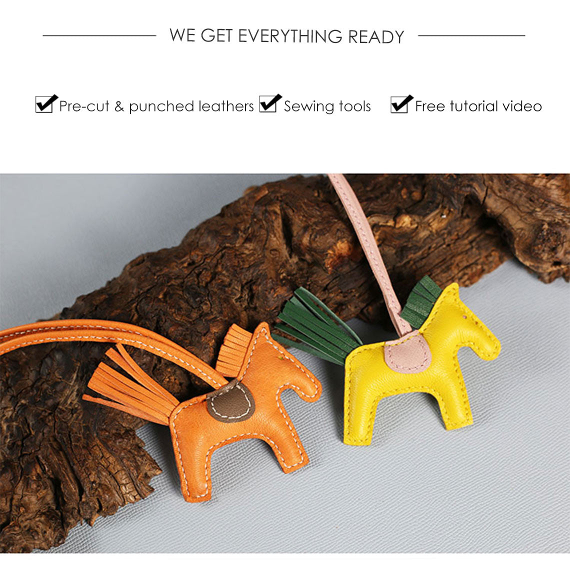 Handmade Leather Bag Charm Kit | DIY Leather Craft Rodeo Horse Bag Charm in Orange & Yellow - POPSEWING™
