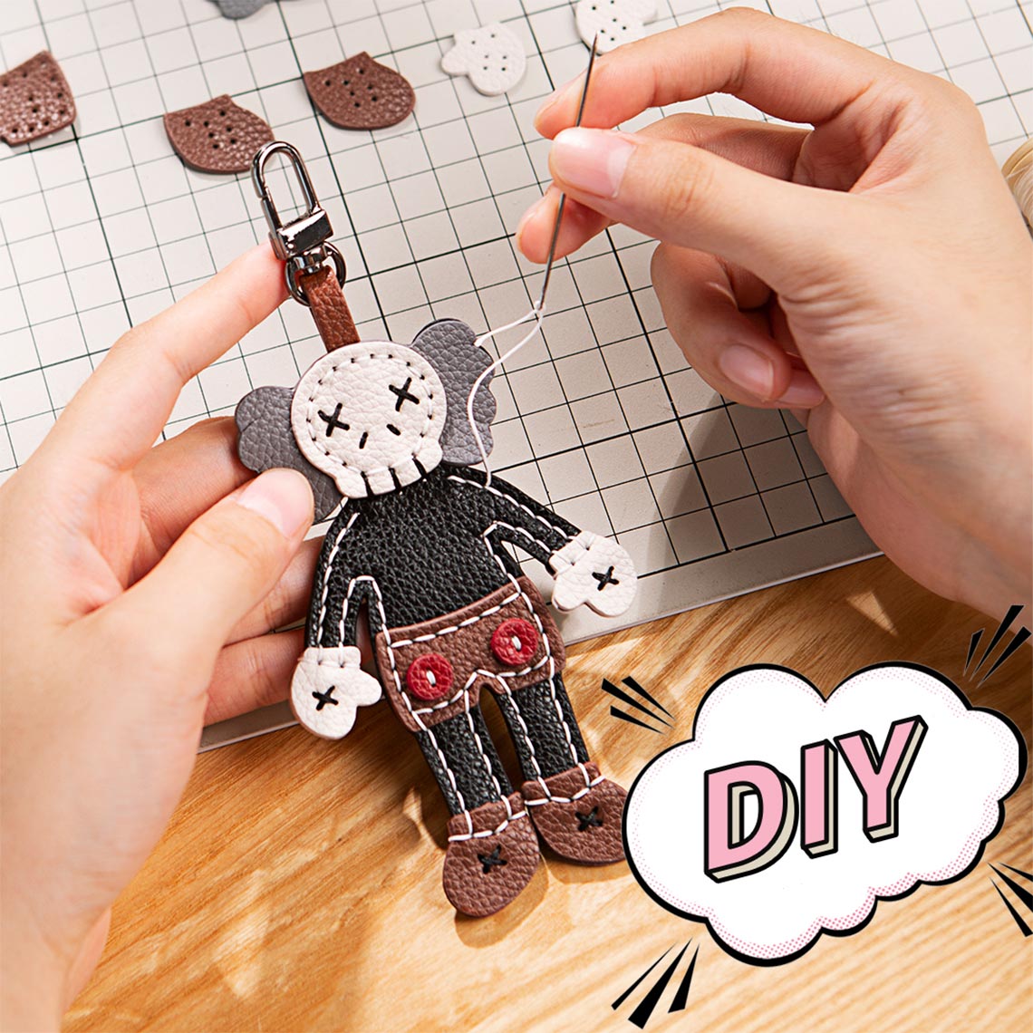 DIY Companion in Brown Leather Keychain Making Kit-POPSEWING