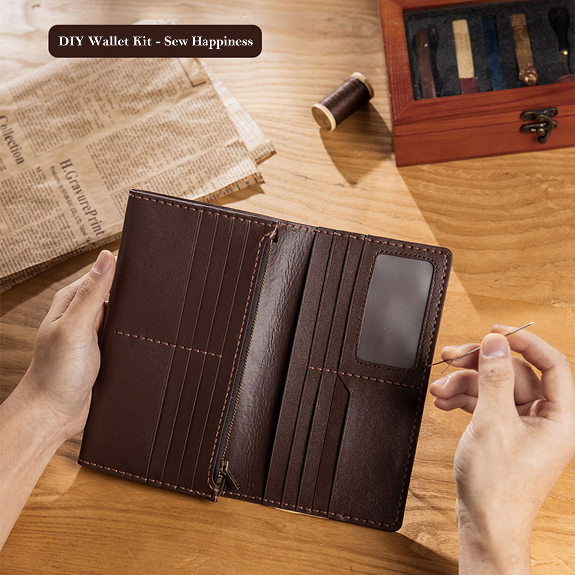 Handmade genuine leather long wallet kit | Long wallet with ID window, phone case
