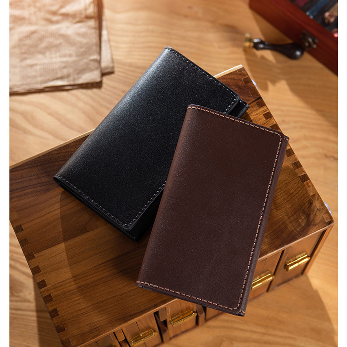 Handmade genuine leather long wallet kit | Black & Brown Slim bifold wallet