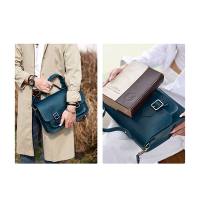 Peacock Blue Leather Satchel Shoulder Bag | Handmade Large Crossbody Bag Work Bag Briefcase for Men and Women - POPSEWING™
