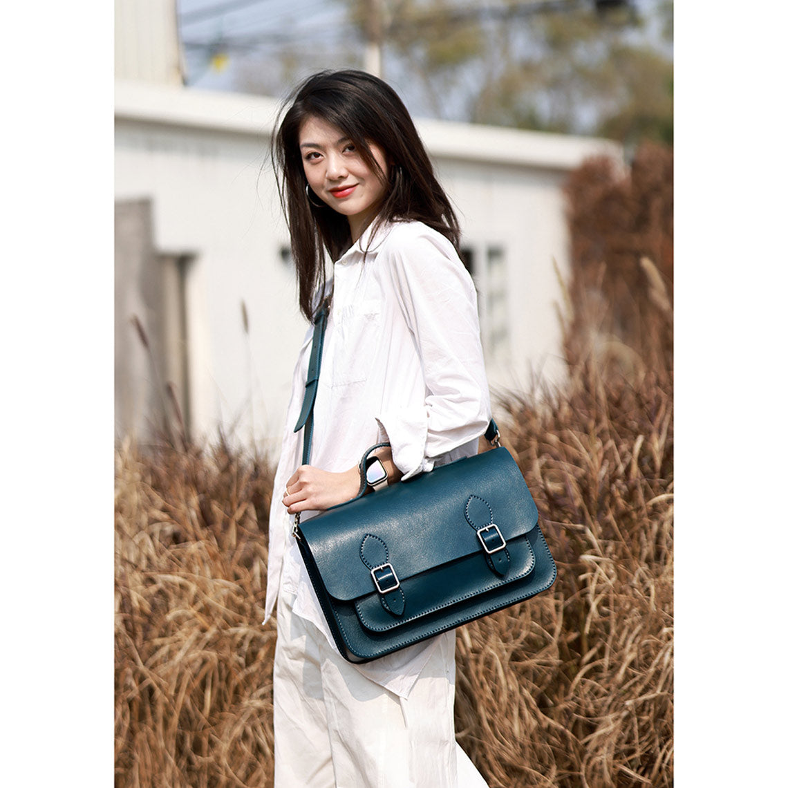 Peacock Blue Leather Satchel Shoulder Bag | Handmade Large Crossbody Bag Work Bag Briefcase for Women - POPSEWING™