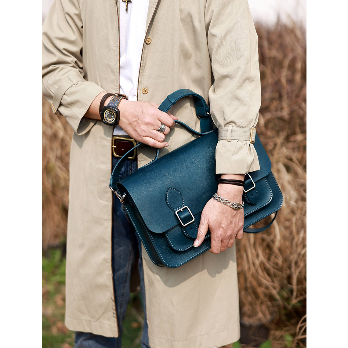 Men Blue Leather Large Satchel Messenger Bag Laptop Bag | Fun Leather Bag DIY Project for Beginners - POPSEWING™