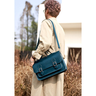 Peacock Blue Leather Satchel Shoulder Bag | Handmade Large Crossbody Bag Work Bag Briefcase for Men and Women - POPSEWING™
