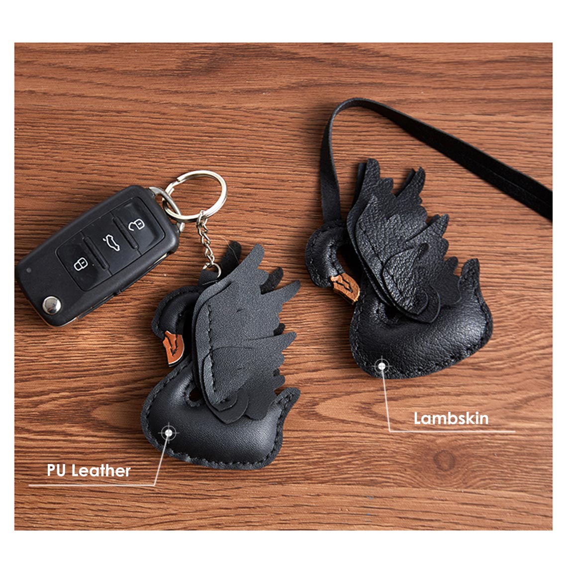 Black PU Leather and Lambskin Swan Bag Charm Keyring - POPSEWING™ 